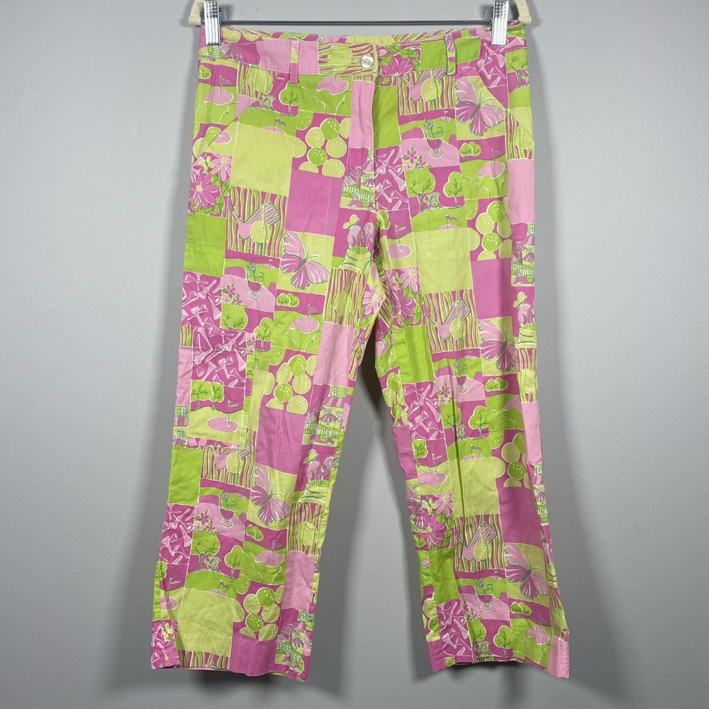 Lilly Pulitzer Golf Patchwork Pants Womens 6 Pink Green Butterfly Crop Preppy